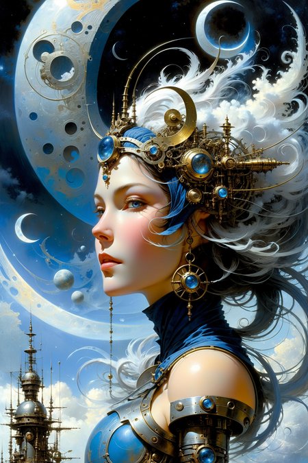 fantastic futuristic steam punk made of shiny brass towers, floating_swirls_made_of_steam, blue sky, silver moons, dramatic color palette, <lora:add-detail-xl:2> misc   <lora:DonMW15pXL:0.5> DonMW15pXL, the head of a woman by aaron horkey <lora:John Berkey Style:0.6> John Berkey Style page <lora:d\EnvyFantasticXL01:1>, (masterpiece:1.2), best quality, (hyperdetailed, highest detailed:1.2), high resolution textures, <lora:EnvyBetterHiresFixXL01:1>