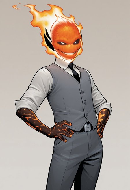 masterpiece, absurdres, high quality, perfect anatomy, 1boy, solo, cute boy, male focus, doyle, Orange Fire, Black Scelera, colored scelera, white shirt, grey vest, belt, sleeves rolled up, smug smile, hands on hips, cinematic, intricately detailed illustration, depth of field, masterpiece, best quality, amazing quality, very aesthetic, absurdres, newest, very awa,  shadow, dynamic angle, casual cosplay, dynamic pose, simple background,