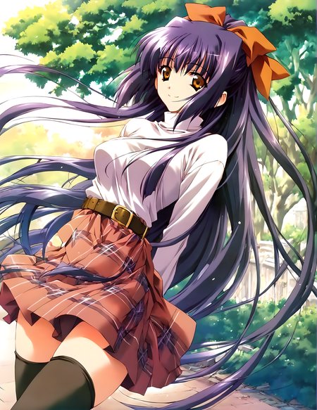 <lora:pony_xl_suzuna:0.8>,suzuna,score_9,score_8_up,score_7_up,source_anime,1girl,solo,hair_ribbon,white turtleneck,long sleeves,belt,plaid skirt,black thighhighs,thigh gap,park,day,smile,arms_behind_back,hair_flaps,looking_at_viewer,cowboy_shot,