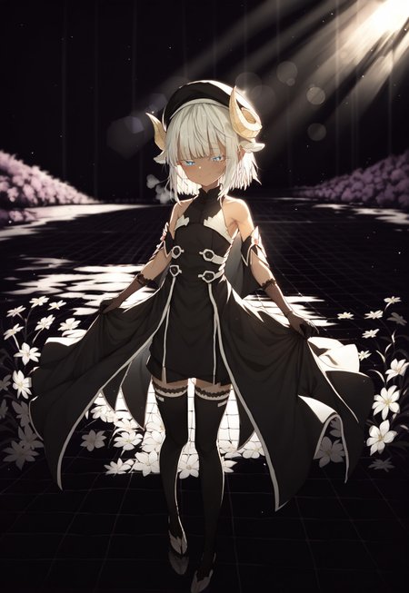 score_9, score_7_up,detailed face,
((under abyss)),
((((scenery, dark theme, overgrown)))),
((((flower grid, light_rays, bokeh)))), 
 (LOLIt*), (kedama style),  breath, 
(landscape), blurry_foreground ,
looking at viewer, 
BREAK

[((sheep ears)), black cloak, 

thighhighs, foot, standing,
(lace-trimmed gloves), looking at viewer, black clothes, beret, (white eyelashes),
((half-closed eyes)), blue eyes with reflection, ear blush, (smile, dancing), slit pupils, crystal,  
white hair, messy hair, [medium hair], [black curled horns], (bare shoulders),]