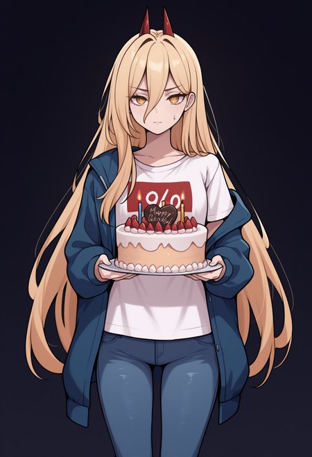 masterpiece, best quality, newest, straight-on, solo, 1girl, pwrdef, sweatdrop, closed mouth, looking at viewer, standing, holding cake, birthday cake, candle, long hair, blonde hair, hair between eyes, red horns, demon horns, yellow eyes, cross-shaped pupils, blue jacket, open jacket, single off shoulder, long sleeves, white shirt, t-shirt, blue pants, jeans, dark background
<segment:yolo-Anzhc Face seg 640 v2 y8n.pt,0.4,1//cid=11> <segment:yolo-Anzhc Eyes seg-hd.pt//cid=12>