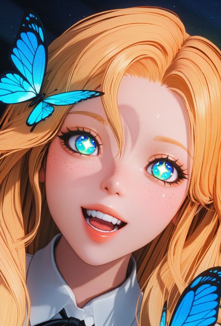 masterpiece,best quality,amazing quality,intricate details,volumetric lighting,film grain,3d,colorful,close up shot,1girl,winks,blonde,starry eyes,,cute,smiling wide,teeth,open mouth,,covered in butterflies,dynamic angle,zoom in
,, very aesthetic, high resolution, ultra-detailed, absurdres, newest,  ,film grain, ,<lora:PSH_Epsilon_illus:1>,
