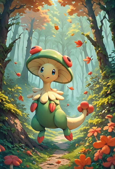 score_9, score_8_up, score_7_up, score_6_up, Breloom, mushroom head, two claws, tail, Pokemon (creature), green body, forest, trees, falling leaves, light though trees, Expressiveh