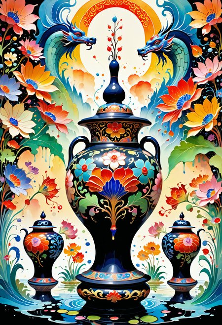 awardwinning On pale black paper, Medieval art, full body shot of a  Qin Dynasty (Pots with flowers:1.2) , Panorama, Watercolor painting, landscapes, atmospheric, fauna, enhanced quality, magical, contemporary, delicate, unique, located artistic, Jed-Splash, colourful, <lora:ColourfulStyle:0.7>