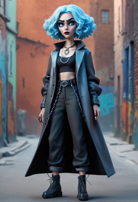 A captivating 3D render of a quirky and adorable claymation woman character. She sports a black gothic girly halter top a large coat, black, baggy very black pants, and chains and necklaces. Her light blue  hair is reminiscent of a cubist style, with blue eyes that sparkle with personality. The woman stands with a confident posture The overall vibe of the illustration is angry confident, stylish, vibrant, a dash of whimsy. Glaring posing model glossy cool girl, illustration, 3d render, poster, fashion, graffiti