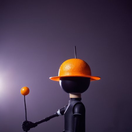 cinematic film still of  <lora:perfection style:0.5> <lora:detailed:0.5> perfection detailed
 <lora:Clockwork Orange film style:0.9>
In a futuristic dystopian Britain an orange with a hat and a wand,solo,looking at viewer,hat,food,no humans,black headwear,fruit,shadow,food focus,eye focus , cinematic, film, kodak, Clockwork Orange film style, shallow depth of field, vignette, highly detailed, high budget, bokeh, cinemascope, moody, epic, gorgeous, film grain, grainy