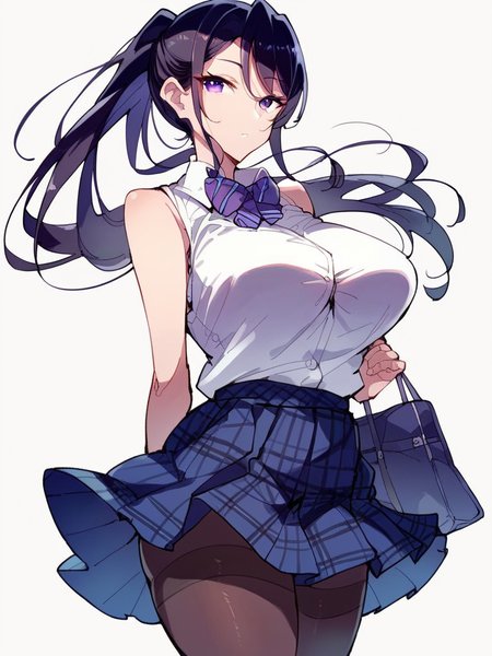 score_9, score_8_up, score_7_up,  
1girl,  kanbara chisa, black hair, ponytail, large breasts, purple eyes,

standing, expressionless, looking at viewer, white shirt, school uniform, bowtie, sleeveless, pleated skirt, blue skirt, plaid skirt, pantyhose, white background, solo,