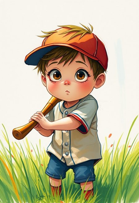 A big-eyed little boy, wearing an oversized baseball shirt, playing baseball in a field of grass. Colorful sketch with uneven coloring, with streaks of paint, by Benjamin Lacombe, Jon Klassen, and Mac Barnett. Perfect composition, masterpiece, aesthetics. Hyperrealistic, splash art, concept art, mid shot, intricately detailed, color depth, dramatic, 2/3 face angle, side light, colorful background detailed matte painting, deep color, fantastical, intricate detail, splash screen, complementary colors, fantasy concept art.