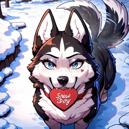 masterpiece, best quality, newest, absurdres, highres, (More Details), (8K), 1dog, female dog, animal husky, feral. black fur, white fur, blue eyes, thick eyelashes, red dog collar, sitting, looking at viewer, heart shape box in mouth,  tail wagging, above view, winter, snow,