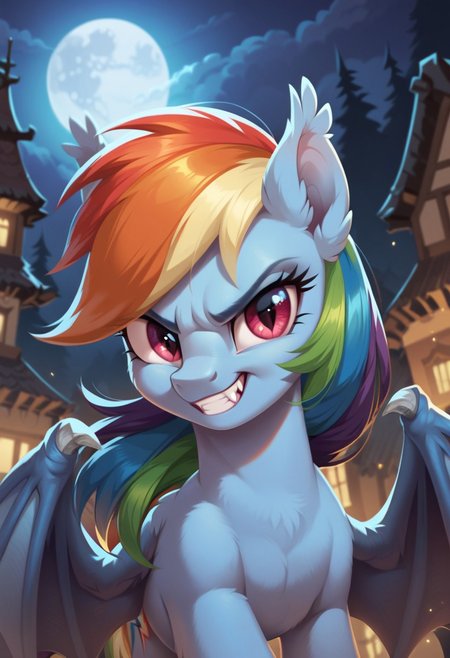 score_9, score_8_up, score_7_up, score_6_up, score_5_up, score_4_up, my little pony, solo, pony, feral pony, bat pony, rainbow dash, bat wings, fangs, moon, forest, night, look at you, angry, smile, grin, city background, castlevania, 1girl, beautiful, detailed, (detailed cute pony face), detailed eyes, detailed fur, beautiful, vector, flat colors, (beautiful long eyelashes), ((close-up)), high angle