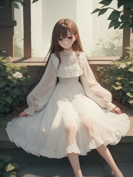 score_9, score_8_up, score_7_up, score_6_up, source_anime, <lora:cutesy_dress_v0.2-pony:1> 
1girl, long hair, brown hair, sitting,
white dress, frilled dress, sleeves past wrists, see-through,