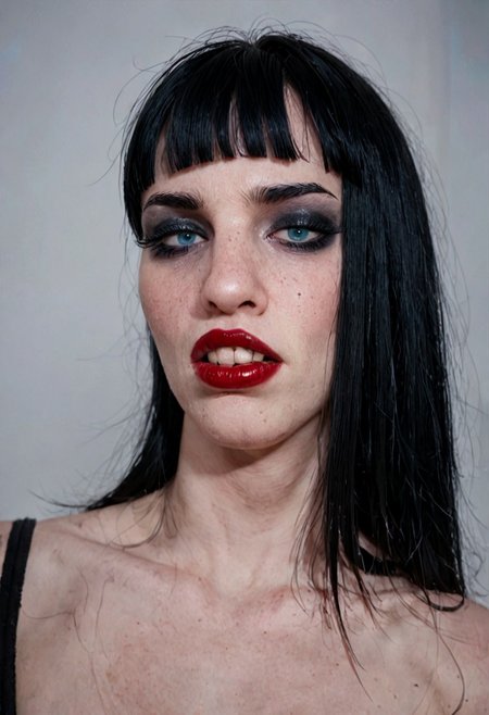 score_9, score_8_up, score_7_up, score_6_up, score_5_up, score_4_up, BREAK, RAW, horsefaced, teeth, medium_shot, 1girl, portrait of a beautiful goth, Horsefaced, black hair, black bangs, Blunt bangs paired with shoulder-length hair, pale skin, red lips, cute, eyeliner, makeup, seductive stare, tired eyes, upturned eyes, eyelashes, bangs covering forehead, long face, rectangle head, long nose, Goth Girl, looking at viewer, shelly duval, subtle smile, visible teeth, chubby cheeks, oval jawline, hair covering forhead