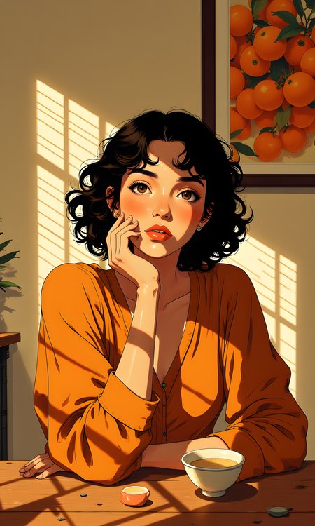 A woman with dark, curly hair styled in an updo. She has a contemplative and serene expression, gazing directly at the camera. Her posture is relaxed yet poised, with her arms resting on a wooden table.
Her facial expression is calm and introspective. Her eyes are wide open, conveying a sense of curiosity or thoughtfulness. The soft lighting accentuates her features, highlighting the gentle contours of her face and the subtle shadows cast by the light.
She is seated at a wooden table, leaning slightly forward with her arms resting on the surface. One hand is gently placed on the table, while the other holds a small object, possibly a cup or a bowl. Her body language suggests a moment of quiet reflection or pause.
The woman is wearing a loose-fitting, long-sleeved dress in a warm, terracotta color. The fabric appears soft and flowing, adding to the overall sense of comfort and ease. The dress has a simple, elegant design that complements her natural beauty.
The camera is positioned at eye level, capturing the woman from a frontal perspective. This angle allows for a direct and intimate view of her face and upper body. The framing is tight, focusing primarily on her and the immediate surroundings.
The lighting in the image is natural, coming from a window with blinds. The blinds create distinct, linear shadows that fall across her face, arms, and the table. These shadows add depth and texture to the image, creating a play of light and shadow that enhances the mood. The warm tones of the light give the image a cozy and inviting feel.
The background is relatively simple, featuring a wall with a framed painting of oranges. The painting adds a touch of color and visual interest to the scene without distracting from the main subject. The wall is plain, which helps to keep the focus on the woman. The overall setting appears to be indoors, possibly in a living room or a similar space.
The composition is balanced and harmonious, with the woman centered in the frame. The lines of the shadows created by the blinds lead the viewer's eye across the image, drawing attention to her face and the objects on the table. The warm colors of her dress and the painting in the background complement each other, creating a cohesive and visually pleasing image. The overall effect is one of quiet contemplation and peacefulness.
BREAK j_art, <lora:FLUX\jul\J_Anime:1.0>, <lora:FLUX\RetroAnimeS1.1:0.0>, <lora:FLUX\GLSHS:0.0>, <lora:FLUX\Dieselpunk Delight - s0_9 g4:0.0>