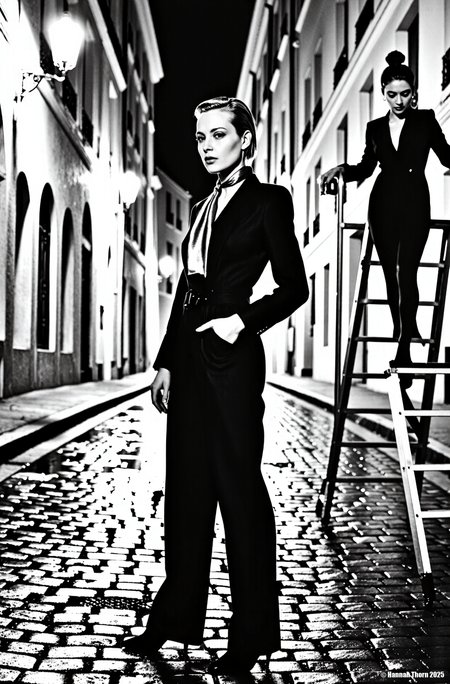 A realistic black and white photograph of a narrow, cobblestone street at night in Paris, France, lit by soft, diffused streetlights. In the foreground, a tall, slender woman with short, slicked-back hair stands confidently in a tailored suit with a silk scarf, her hand casually in her pocket. Beside her, a woman with her hair in a bun is standing on a ladder, looking down. The wet cobblestones reflect the soft glow of the streetlights, adding depth and texture to the scene. The architecture consists of old buildings with arched windows and ornate details, casting long, dramatic shadows. The overall mood is nostalgic and elegant, reminiscent of classic French cinema. The photo is captured with a shallow depth of field, emphasizing the subjects while blurring the background slightly, enhancing the timeless quality of the scene., <lora:_Flux\_Photographer\Helmut_Newton-000001.safetensors:0.8300000000000002:0.8300000000000002> <lora:_Flux\_Skin_Appearance\detailifier_flux-000006.safetensors:0.8300000000000002:0.8300000000000002>, A captivating portrait of a woman lying back, her head tilted upwards in a moment of serene repose, captured in a high-contrast black and white photograph, the soft, diffused lighting accentuating the smooth contours of her neck and shoulder, a delicate black strap hinting at her attire, the background a blur of dark wood paneling, the overall composition evoking a sense of timeless elegance and quiet intimacy, shot with a Hasselblad camera and a Zeiss Planar 80mm f/2.8 lens, the film grain adding a touch of vintage charm, reminiscent of the iconic works of Peter Lindbergh and Herb Ritts, the model's expression conveying a sense of vulnerability and strength, the image exuding a classic Hollywood glamour, the sharp focus on her face drawing the viewer in, the subtle shadows adding depth and dimension, a masterpiece of photographic artistry, trending on artstation., <lora:_Flux\_Photographer\Helmut_Newton-000001.safetensors:0.8300000000000002:0.8300000000000002> <lora:_Flux\_Skin_Appearance\detailifier_flux-000006.safetensors:0.8300000000000002:0.8300000000000002><lora:_Flux\_Photographer\Helmut_Newton-000001.safetensors:0.8300000000000002:0.8300000000000002> <lora:_Flux\_Skin_Appearance\detailifier_flux-000006.safetensors:0.8300000000000002:0.8300000000000002>