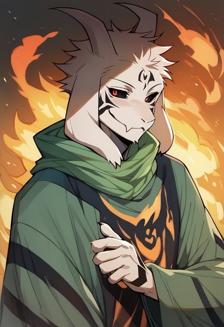 score_9, score_8, score_7_up, 1boy, kimono, asriel dreemur, solo, sukuna, facial tattoo, smiling, looking at viewer, dark sclera, red eyes, fireball