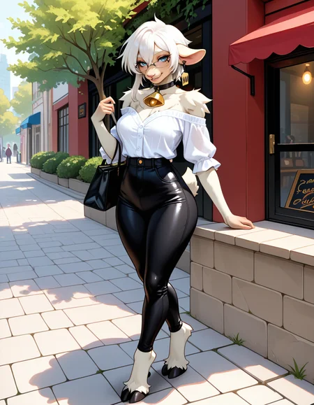 masterpiece, best quality, very aesthetic, absurdres,
outdoors, casual, 
full body, posing, 
 seductive smile, parted lips, long eyelashes,
 <lora:Wilma_v01_NAIXL:1>
W11m4,1girl,solo,furry,furry female,animal ears,earrings,ear tag,white hair,short hair,hair between eyes,blue eyes,glasses,snout,mole under eye,animal nose,black choker,neck bell,body fur,white fur,tail,hooves,