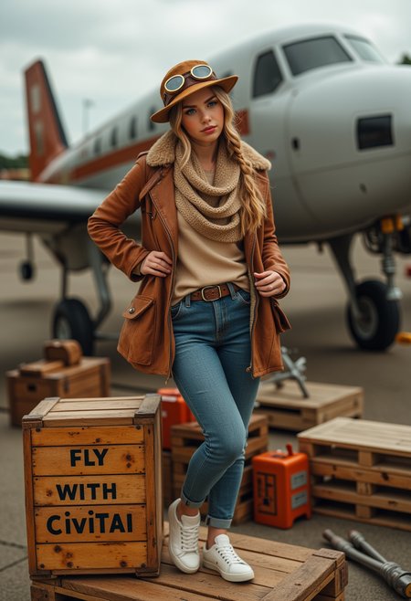 She is approximately 18 years old.she is standing, a vintage aircraft is in the background.  Hyperrealism, she is looking at the camera, (dynamic angles), headshots of a beautiful, stunning unique female character.  she has blonde hair. her eyes are filled with joy and excitement, extravagant eyelashes, a photo of Anastasia, a woman with blue eyes, wearing a brown leather jacket and a brown hat with goggles and leather jeans, posing for the camera. She is wearing a scarf and has a braid. The photo is in a sepia tone, giving it a vintage feel. The background is blurry, focusing on Anastasia as the main subject. She has a slight smile on her face and is looking directly at the camera. making this image a masterpiece of photography and digital art. realistic. making this image a masterpiece of photography and digital art. Style: realistic hyper-detailed rendering, 32k UHD, expressive eyes, punk, graphic design, girl's face, pretty and cute, gleaming lips, telling a tale of adventure. Exuding confidence and serenity. The overall mood of the image is happy and relaxed,detailed skin texture,(blush:0.2),(goosebumps:0.3),subsurface scattering,whimsical,Detailed hand, Perfect hand. Perfection style. is posing on a large wooden crate. On the crate is written "fly with CivitAI". she is wearing white sneakers. She is wearing a denim jeans. The scene is set outdoors, with a vintage plane visible in the background. The photo is taken in a close-up shot, focusing on  Anastasia legs and feet.. making this image a masterpiece of photography and digital art. realistic. making this image a masterpiece of photography and digital art. Style: realistic hyper-detailed rendering, 32k UHD, expressive eyes, punk, graphic design, girl's face, pretty and cute, gleaming lips, telling a tale of adventure. Exuding confidence and serenity. The overall mood of the image is happy and relaxed,detailed skin texture,(blush:0.2),(goosebumps:0.3),subsurface scattering,whimsical,Detailed hand, Perfect hand. Perfection style.