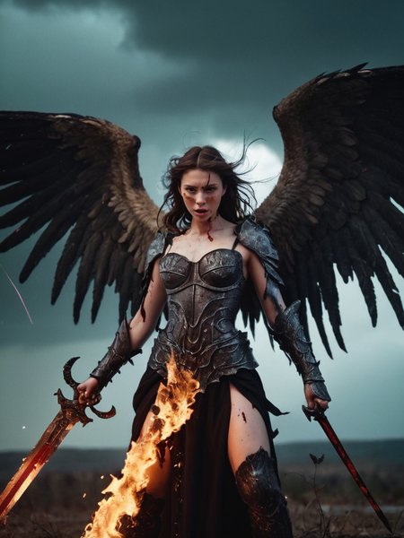 Analog photo of a woman looking like Annie_Crow_P_MXAI_SDXL A cinematic epic fantasy film still showing a winged female heavenly angel in an intense battle with demons. The angel's attire is worn, torn, and blood-splattered from battles. The scene is fierce and chaotic, with blood and gore evident. The angel, with glowing wings and armor, wields a flaming sword, her expression determined and fierce. Around her, dark, grotesque demons with twisted forms and sharp claws are attacking. The background is a dark, stormy sky with flashes of lightning, enhancing the dramatic and intense atmosphere