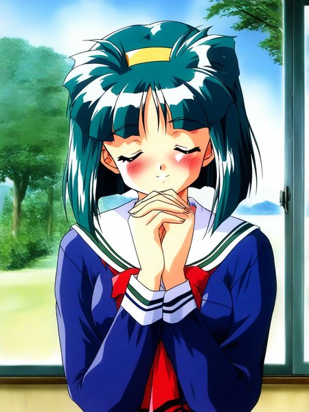 general,highres, ultra-detailed,very aesthetic,best quality ,best hands, BREAK <lora:Sakura_Kaedeko_Tokimeki_Memorial2_IS:1>
Sakura_Kaedeko(Tokimeki_Memorial2), 1girl, solo, short hair, green hair, yellow hairband, red eyes, bangs, breasts, 
closed eyes, school uniform, blush, long sleeves, outdoors, 1990s (style), tree, day, upper body, serafuku, smile, window, own hands together, sailor collar