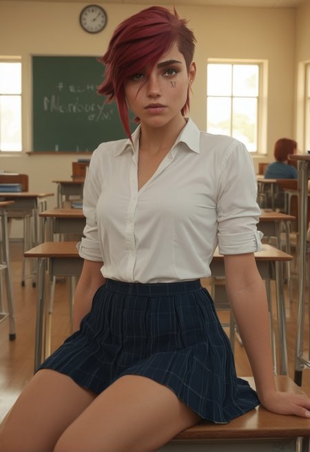masterpiece, high quality, ALVi, 1girl, pink hair, short hair, looking at viewer, in classroom, school uniform, sitting, face tattoo "VI"