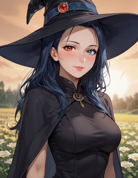 16k, 8k, 4k, wide, wide shot, wide angle, 
score_9, score_8_up, score_7_up, flat anime,  rating_safe, rating_questionable,
best quality, masterpiece, ultra detailed,
28 years old, 180 cm height, mature, 
<lora:Expressive_H:1>, nose, lips, closed mouth, light smile, (blush:1.3), 
looking at viewer, portrait, close, dynamic pose, from above, 
<lora:Everlasting_Summer_Viola:0.7>, viola, very long hair, heterochromia eyes, left eye red, blue eye blue, blue eyes, heterochromia, red eyes, black hair, blue hair, medium breasts, milf woman solo,
witch, black outfit, witch hat, 
amazing background, colorful background, blurry background, bokeh, evening, sunset, field of flowers,
