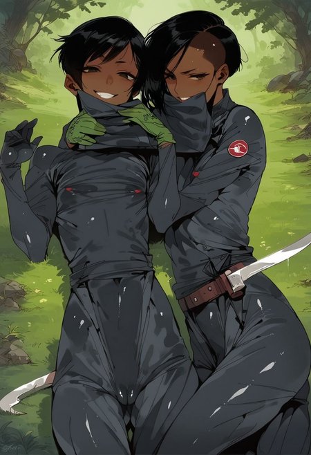 score_9, score_8_up, score_7_up, score_6_up, score_5_up, score_4_up,  1girl,  black eyes, green tree, ((midnight)), tilted angle, loop lighting, (((forest))), solo, ((((holding sickle)))), Concept Art, (((((((camo bodysuit))))))),  flat breasts, flat ass, skinny leg, skinny body, slim girl, (18 years old)), ((pettie)), narrow waist, flat chest, , (((short))), flat breasts, flat ass, narrow waist, ((flat chest)), (((short))), ((flat chest)), (((anorexic))), ((((dark skin woman))))), (((tight green glove))), ((((bodysuit)))), black hair, (((pixie cut))),  (((smug))), ((green glove)), , ((nipple)), ((((((dynamic pose)))))))   , ((((((dynamic hand))))))) , ((((((dynamic leg))))))) ,(((((((transparent black bodysuit)))))), ((transparent gas mask)), , ((((lesbian))))), ((((lying down)))), ((((character sheet))))