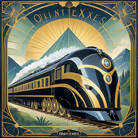 ArsMJStyle, Art Deco, <lora:add-detail-xl:1.2>,   <lora:Art_Deco:1>, A glamorous Art Deco poster for the Orient Express, featuring a stylized locomotive speeding through a European landscape, framed by geometric patterns and metallic gold accents, with fashionable travelers in the foreground.