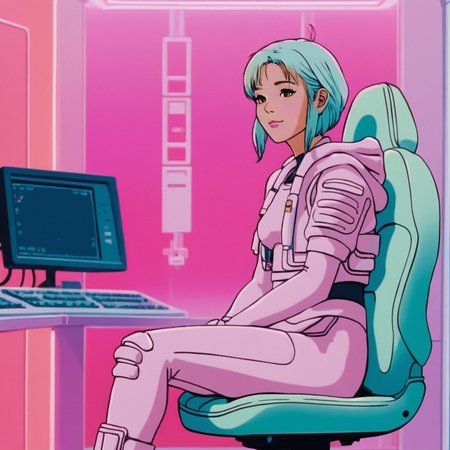 realistic, k4r1n woman sitting, kawaii, cute, extreme medium shot, happy, from side, background of gradient fluorescent computer room, pastel tones (by wes anderson:1) <lora:k4r1n-000005:0.6>