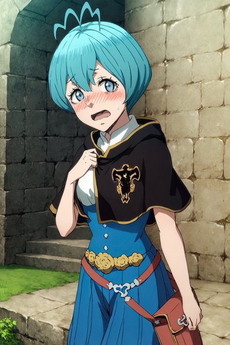 sharp focus, pixiv masterpiece, intricate details, highly detailed, source_anime,  score_9_up, score_8_up, score_7_up, score_9, looking at viewer, grey_bc,  blackbull-cape, antenna_hair,  sleeveless shirt, emblem, 
 highres,1girl,solo, absurd res,exquisite visuals,  <lora:grey_bc_ponyxl_0.3:0.9>, cowboy shot, shy, blushing, open mouth, high-waisted pants, three-way belt,  squared pouch, standing