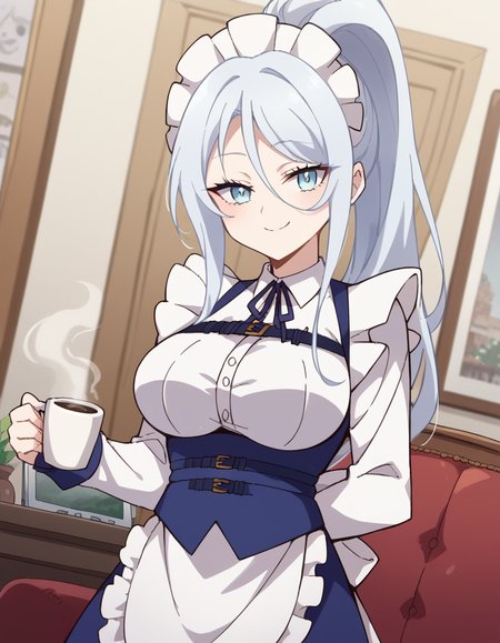 score_9, score_8_up, score_7_up, source_anime, <lora:sylpha-langlis-s1-ponyxl-lora-nochekaiser:1>, sylpha langlis, long hair, blue eyes, hair between eyes, ponytail, white hair,, large breasts, apron, maid, maid headdress, maid apron, frills, long sleeves,, living room, sofa, TV, coffee table, decor, , <lora:seductive-smile-ponyxl-lora-nochekaiser:1>, seductive smile, come hither, naughty face,, looking at viewer, solo,, dutch angle, cowboy shot