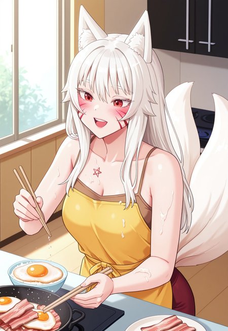pajamasChallenge, mihoYokai, 1girl, fox girl, red eyes, white hair, long hair, fox ears, animal ear fluff, facial mark, whisker markings, blush, multiple tails, fox tail, white tail, 
 teeth, food, indoors, day, apron, upper teeth only, camisole, chopsticks, cooking, holding chopsticks, pentagram, fried egg, bacon, salt bae \(meme\), brown camisole,
