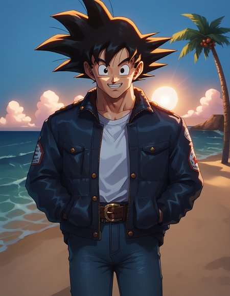 score_9, score_8_up, score_7_up,
gokuxl, solo,1boy,   looking at viewer,
happy,  standing,  beach,palm tree, white shirt, sun, waves, jeans, jacket, belt,
<lora:gokuxl-000004:0.9>,   <lora:add-detail-xl:-1.5>, <lora:Smooth Anime 2 Style SDXL_LoRA_Pony Diffusion V6 XL:0.7>