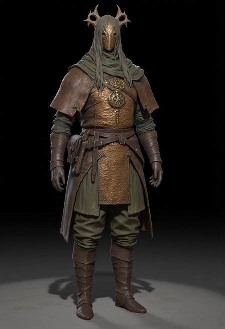 Bandit dressed in a medieval fantasy  Adventurer Set 
 wearing distinctive layered armor. The character has a sturdy leather breastplate decorated with an eye-catching dragon skin pattern in copper or bronze tones. Their outfit consists of olive green padded clothing underneath, with short pants and wrapped arm guards. A light head wrapping and simple circlet protect their head, while practical leather boots complete the outfit. The armor design suggests a blend of protection and mobility, suited for traversing rough terrain. The color palette harmonizes earthy tones - browns, greens, and copper. The overall style appears influenced by fantasy RPG character design, with a practical adventurer's aesthetic that balances form and function.
 Their face is obscured by shadows.
Standing on a flat gray ground  and black background, the camera angle is high rotated at a 45 degree angle
Set against a solid dark black color background to emphasize its unnatural form that emphasizes its silhouette. The medium is not a traditional painting or illustrative medium like watercolor or ink but rather a digital 3D rendering.
MikeFranchinastyle, bbstyle,, horror theme,, ZBClay model of a gray sculpture, zbrush, d4arks0uls, overcast lighting, jedioutfit
