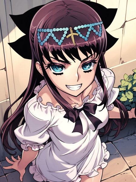 <lora:happy_tentacle-elseria-v0.5-000020>, ht_elseria, nightgown, frills, thigh boots, white footwear, circlet, hair bow, outdoors , 1girl, solo, upper body , half-closed eyes , ( evil smile, teeth :1.1), , looking at viewer , , from above , score_9, score_8_up, score_7_up, score_6_up, score_5_up, score_4_up