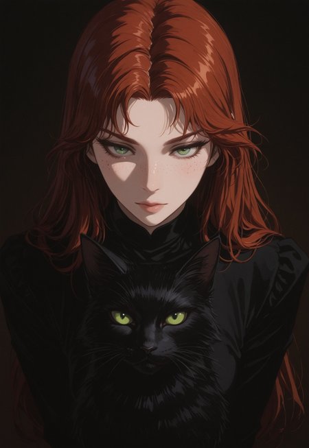 girl 18 yearsd old, with freckles, cute, her face partly covered by a black cat's face. The girl has light green eyes, while the cat's large, golden eyes stare outwards. The lighting creates a soft, painterly effect, blending the features of the girl and the cat together. The cat’s dark fur contrasts against the girl's pale complexion and her red hair, creating a sense of surreal connection between the two. The overall tone is calm yet slightly mysterious, evoking a dreamlike atmosphere, deep shadows, masterpiece, best quality, (ultra-detailed), high quality, very aesthetic, conti2, aesthetic