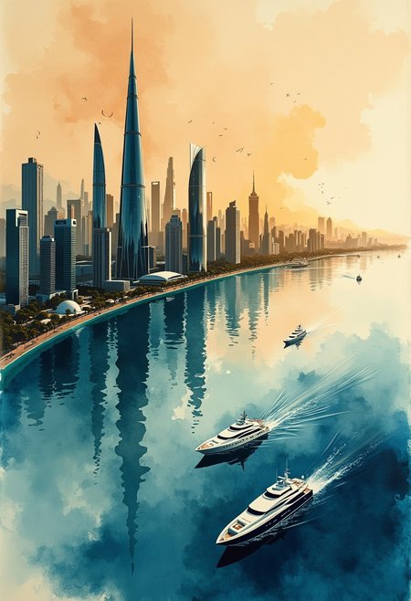 A sweeping coastal cityscape unfurls across delicate rice paper, painted with expressive ink splashes and translucent watercolor washes. The skyline bristles with ultramodern skyscrapers—sleek, asymmetrical, and luminescent, and superyachts line the harbour—rendered in layered tones of rich sepia, burnt henna, and jet ink. clear, gradient sky, diffused into the paper’s fibers. This piece blends classic East Asian ink painting aesthetics with futuristic precision—think Hokusai meets Syd Mead. Lighting is soft but radiant, as if internal energy pulses through the city’s veins. Emphasize broad brushwork, chaotic ink bursts, and delicate tonal transitions
