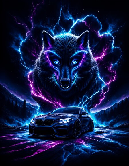 This image is a digital illustration featuring a dramatic, high-energy scene. At the center is a fierce, glowing wolf with piercing blue eyes and a snarling mouth, its fur illuminated with vibrant blue and purple lightning bolts. The wolf's head dominates the upper half of the image, with its body blending into the background. 
The background is a dark, starry night sky with silhouetted pine trees and rolling, mountainous terrain, creating a sense of wilderness and mystery. The colors in the sky shift from deep blues to purples, adding to the ethereal atmosphere.
In the foreground, a sleek, modern BMW car with a black and blue paint job is parked on a deserted road. The car's design features sharp, angular lines and a sporty, aggressive stance. The headlights are glowing with neon blue and purple hues, matching the wolf's eyes and the surrounding lightning.
The ground is illuminated with neon blue and purple streaks, creating a dynamic and vibrant contrast to the dark, moody sky. The overall style of the illustration is highly detailed and digitally rendered, with a focus on sharp lines and vibrant, electric colors. The image is signed by the artist in the bottom right corner., <lora:fluxenhancer:0.8>, <lora:aidmaMJ6.1:0.8>, aidmaMJ6.1, <lora:ImageUpgraderV2:0.5>, detailmaximizer, <lora:Dever_Flux_Enhancer:0.5>, <lora:Hand v2:0.8>, Perfect hand, Detailed hand, ultra quality, ultra detailed
