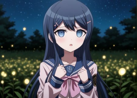 solo, <lora:Sayaka_Maizono_SDXL:1>,  This anime screencap is from Danganronpa the Animation.  Sayaka Maizono wearing her uniform from Danganronpa 1. She has her long blue hair down. She is wearing the Hope's Peak Academy uniform with a light pink ribbon. Her sleeves reach her wrists. She has a short, pleated, blue skirt. Sayaka Maizono is enacting a shoulder shimmy . Chiaki's expression is disappointed expression . Sayaka Maizono is interacting with  facing viewer, looking at viewer,   upper body, surrounded by magical herbs in a moonlit meadow, fireflies, walking, night,,