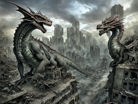 a detailed scaled (dragon) sits on a modern building in front of a (city in ruins:1.2).
 <lora:Wasteland:0.75> Wasteland, the, and, with, wasteland, background