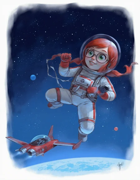 <lora:kazak:1>, This image is a digital drawing in a whimsical, cartoonish style. It depicts a young, red-haired girl with large, expressive green eyes and glasses, floating in space. She is wearing a white, form-fitting spacesuit with red accents and a red helmet with a transparent visor. Her spacesuit includes gloves and boots, and she holds a camera in her right hand. The girl has a joyful expression on her face, suggesting she is enjoying her space adventure., 
In the background, the girl is surrounded by a deep blue, star-filled expanse of space. There is a small red spaceship with a sleek, futuristic design, resembling a jet with wings, floating next to her. The spaceship has a transparent dome on top, and its wings are extended. A small planet and a star are visible in the distance, adding to the cosmic setting., 
The drawing has a slightly textured background with subtle brush strokes, giving it a painterly feel