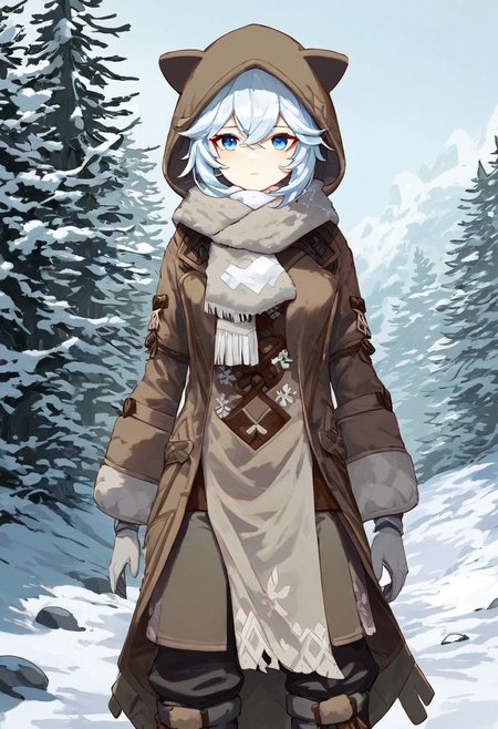 Score_9, score_8_up, score_7_up, Genshin Impact Style, source_anime, snow, ice forest, 1girl, solo, 
White hair, tattered fur hood over hair, grey fur hood, tattered fur snow coat, pale blue eyes, standing, facing viewer, staring at viewer, tattered brown cloth around chest, white cloth around chest, white ragged cloth, white ragged scarf, white snow gloves, grey fur boots, dark grey pants, snow boots