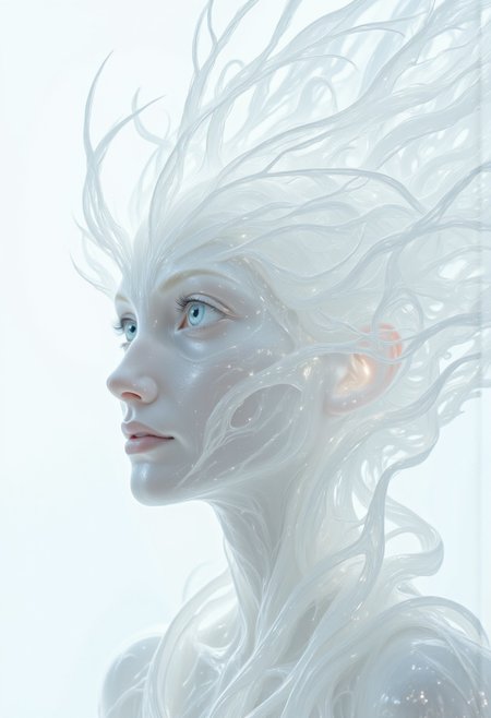 A closeup, surreal, ethereal portrait of a woman with a hauntingly beautiful, almost angelic presence. Her pale complexion is luminescent, blending seamlessly into the pure white background, creating an impression that she is emerging from light itself. Her very large piercing blue eyes are the focal point, their crystalline clarity and soft glow conveying a sense of otherworldly wisdom and calm. Her long lashes are bold and dramatic, contrasting starkly against her porcelain skin, drawing the viewer's gaze deeper into her haunting stare. Her features are delicately sculpted, with high cheekbones, a perfectly straight nose, and soft, full lips that hold a subtle, neutral expression, suggesting serenity and quiet strength. Her platinum-white hair flows and floats softly upwards, emphasizing her celestial appearance. The fine strands are light and wispy, blending seamlessly into the white backdrop with white ashes falling around her, adding to the ethereal atmosphere. The lighting is diffused and even, erasing shadows and creating a minimalistic aesthetic that places full focus on her striking features. The overall composition feels timeless, as if capturing the essence of purity and perfection, with a soft, dreamlike quality that invites introspection and awe. The simplicity of the image enhances its mystique, creating a profound, angelic presence that feels both familiar and otherworldly.