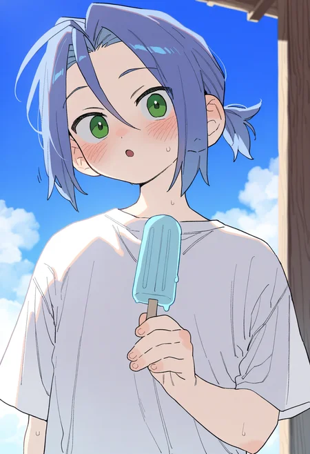 masterpiece,best quality,amazing quality,
james (pokemon), 1boy, male focus, food, green eyes, popsicle, solo, blush, shirt, blue hair, looking at viewer, hair between eyes, short ponytail, aged down, white shirt, holding, sky, :o, upper body, blue sky, ponytail, holding food,
 <lora:Dayama_epoch_8:1>