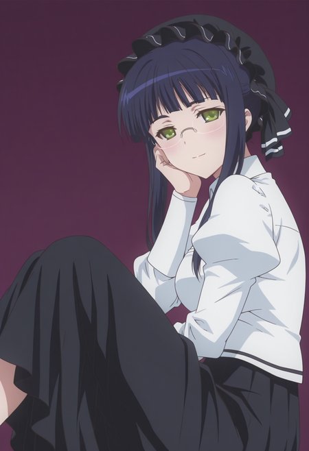 anime screencap, anime coloring,  <lora:DX888Mikan:1> mikan, green eyes, black hair, sidelocks BREAK simple background, purple  background,  BREAK  mob cap, glasses, white shirt, puffy sleeves, black skirt, long skirt, BREAK    1girl, breasts, closed mouth,  hand on own cheek, hand on own face, knees together feet apart, legs up, light smile,  looking at viewer, sitting, from side,