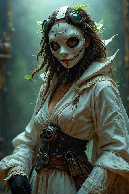 steampunk. low angle shot. intense photo. portrait of A female plague doctor in traditional attire looks directly into the camera. goggles. She wears an ornate immaculate white robe, and her iconic (long  beaked mask:1.9) is also entirely white, its curved form adding a ghostly elegance to her presence. studio lighting, glowing green poison cloud in background.
deep depth of field, photography, Natural geographic photo, Hyper-realistic, 16k resolution, (masterpiece, award winning artwork), many details, extreme detailed, full of details, Wide range of colors, high Dynamic,
<lora:add-detail-xl:2> <lora:MJ52:0.5> <lora:Flux-style-xl-lora:0.7> flux-style <lora:EpicF4nta5yXL:0.6>