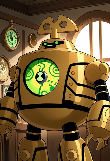 masterpiece, best quality, amazing quality, very aesthetic, absurdres, newest, 
 clockwork, robot, solo, no humans, green eyes,
inside coocoo clock, wooden clock, clocks everywhere, golden dust, golden powers,