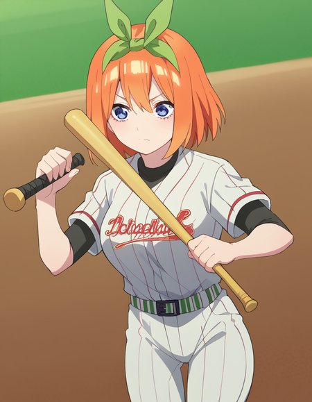 score_9, score_8_up, score_7_up, source_anime, <lora:yotsuba-nakano-s2-ponyxl-lora-nochekaiser:1>, yotsuba nakano, bangs, short hair, blue eyes, hair between eyes, hair ribbon, hairband, orange hair, green ribbon, large breasts,, <lora:baseball-uniform-ponyxl-lora-nochekaiser:1> baseball uniform, baseball, striped belt, shirt under shirt, sportswear, ribbed shirt, baseball helmet, baseball bat, baseball jersey, baseball field, holding baseball bat,, , cowboy shot,