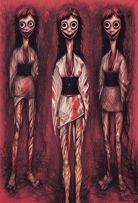 tomino, horror (theme), long hair, smile,  japanese clothes, kimono, blood, blood on clothes,  red theme, momocreepypasta, long hair, black hair, black eyes, wide eyed, wide smile, scuted arms, scuted legs, scutes, bird claws, talons