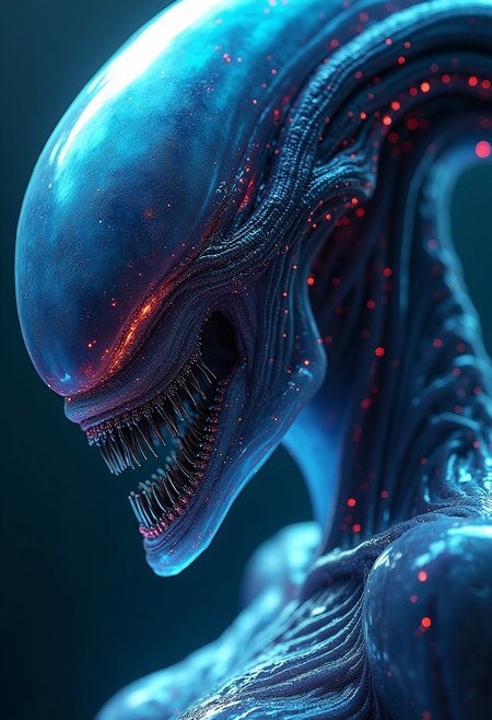 masterpiece, closeup portrait of xenomorph queen, translucent, transparent, reflective, neon splash art.  highest definition, HD32K, wallpaper, hyperdetailed, concept art