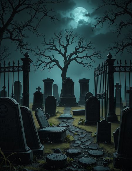 A dark and eerie cemetery shrouded in mist, with ancient, weathered tombstones covered in moss. The scene is dimly lit by a pale, ghostly moonlight filtering through twisted, leafless trees. Cracked stone pathways lead through the graveyard, partially hidden by overgrown grass and creeping ivy. A few old, gothic-style mausoleums stand in the background, their iron gates slightly ajar, adding to the mysterious and haunting atmosphere. Wisps of fog swirl around the gravestones, enhancing the eerie mood. The overall color palette consists of deep blues, grays, and muted greens, creating a cold and unsettling ambiance. The image is highly detailed and photorealistic, capturing the textures of the aged stone, the fogâs movement, and the ominous shadows stretching across the ground. 
<lora:SDXLFaeTastic2400:0.4> <lora:extremely_detailed:0.4> extremely detailed,<lora:33r13_c3m3t3ry-ill:1>,33r13 c3m3t3ry, Masterpiece,best quality,hi res,8k,hi res,8k,award winning,(sharp focus, intricate, highly detailed),